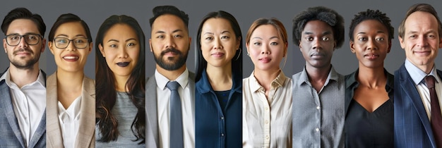 Photo collage of portraits of an ethnically diverse and mixed age group of focused business professionals