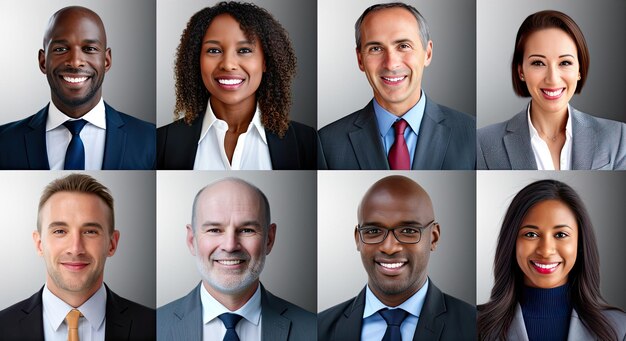 Photo collage of portraits of an ethnically diverse and mixed age group of focused business professionals