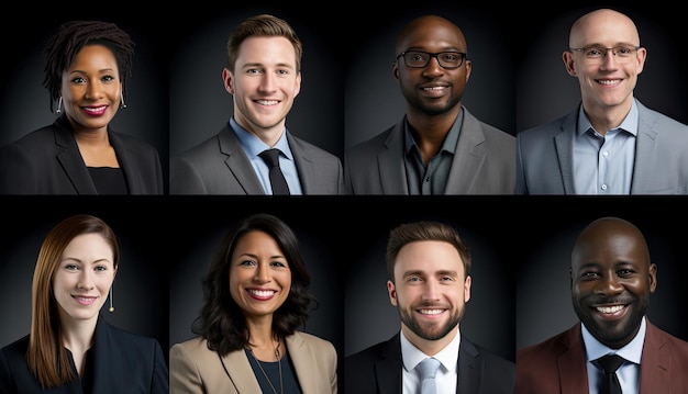 Collage of portraits of an ethnically diverse and mixed age group of focused business professionals