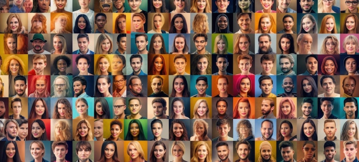 फोटो collage of portraits of an ethnically diverse and mixed age group of focused businessmen and busines