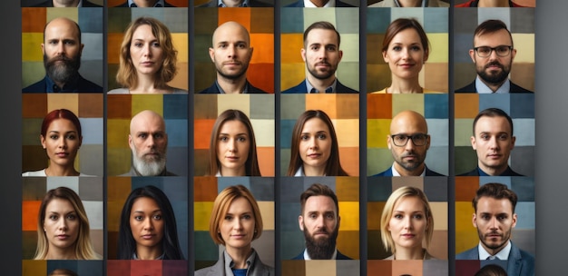 Collage of portraits of an ethnically diverse and mixed age group of focused businessmen and busines