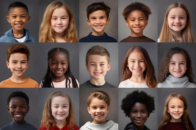 Collage of portraits and faces of smiling multiracial group of diverse children for profile picture