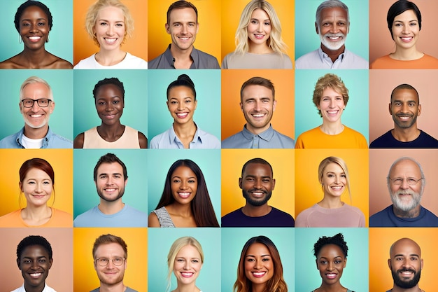 プロフィール用のさまざまな多様な人々の笑顔の多民族グループの肖像画と顔のコラージュ