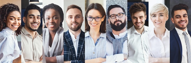 Collage of portraits of multiracial young business people