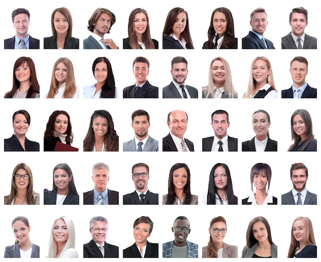 Collage of portraits of successful employees isolated on white