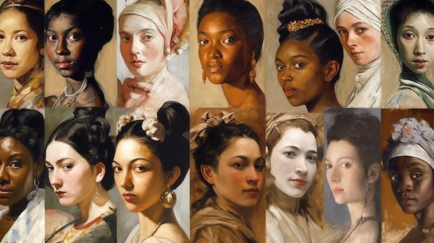 A collage of portraits of women including one of them with different hair styles.