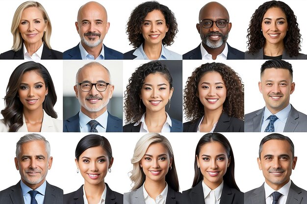 Photo collage of portrts of an ethnically diverse and mixed age group of focused business professionals