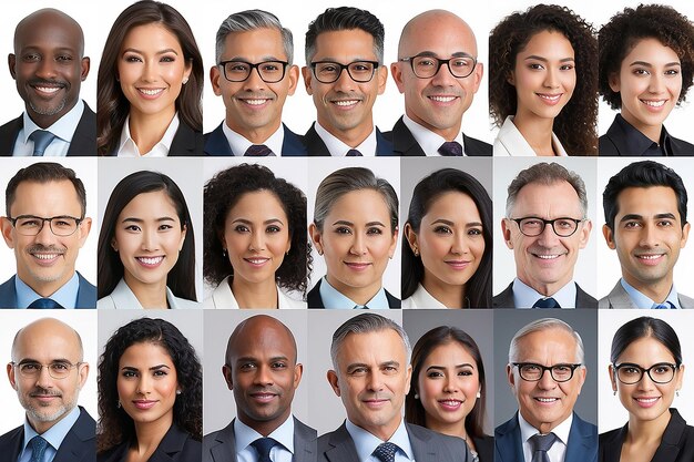 Collage of portrts of an ethnically diverse and mixed age group of focused business professionals