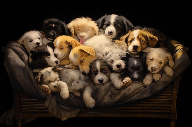 a collage of puppies sleeping in a bed