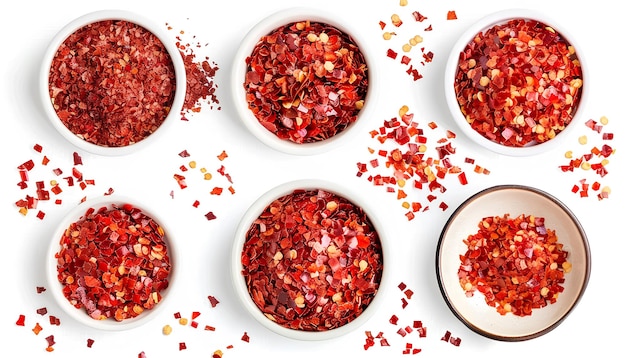 Collage of red chili flakes on white background top view