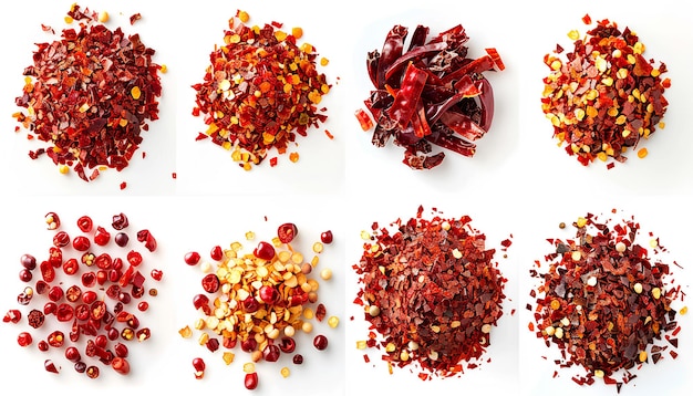 Collage of red chili flakes on white background top view