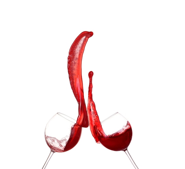 Collage Red wine splashing from glass isolated on white background