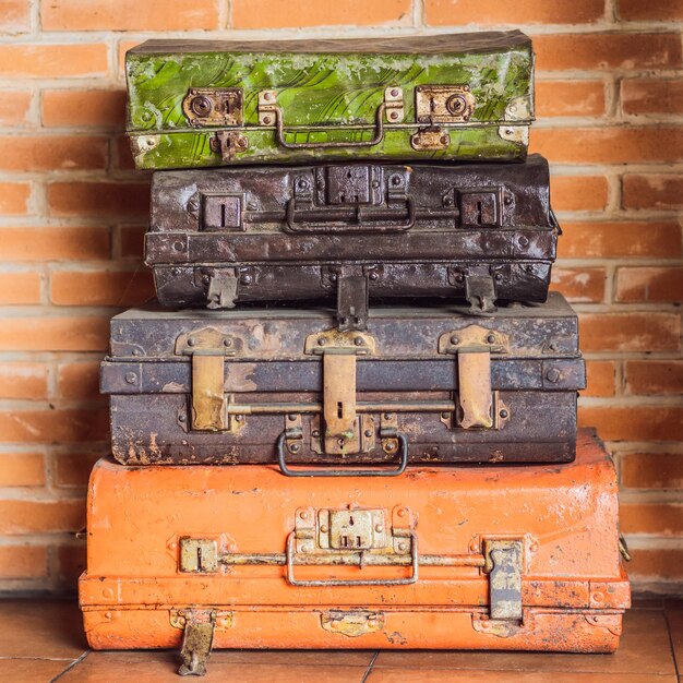 Collage of retro travel suitcases set of old suitcases brown\
and black retro suitcase vintage baggage vintage travel bags