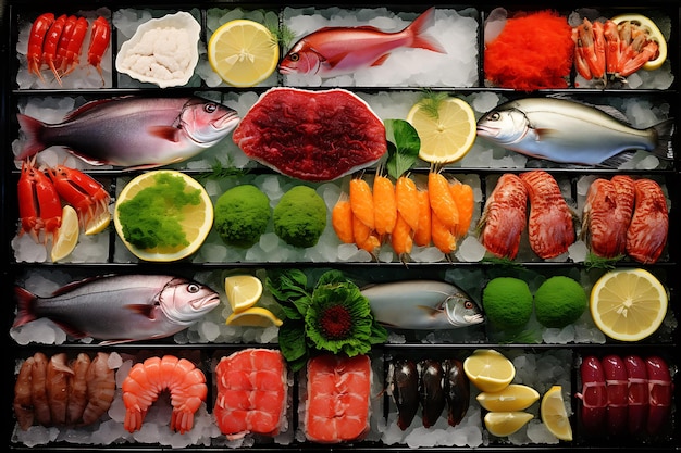 Collage of s of seafood fresh fish and seafood the concept of healthy eating