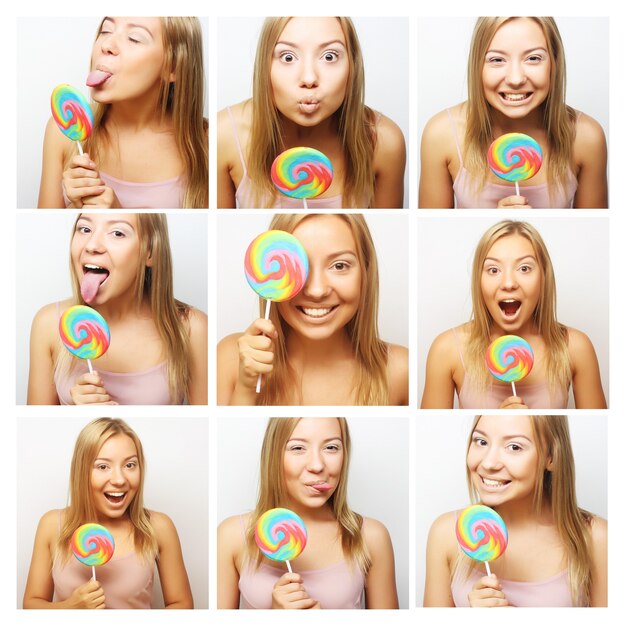 Collage of the same woman making diferent expressions. Studio shot.