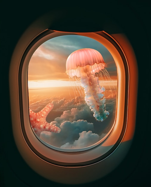 Коллаж морских животных через окно самолета