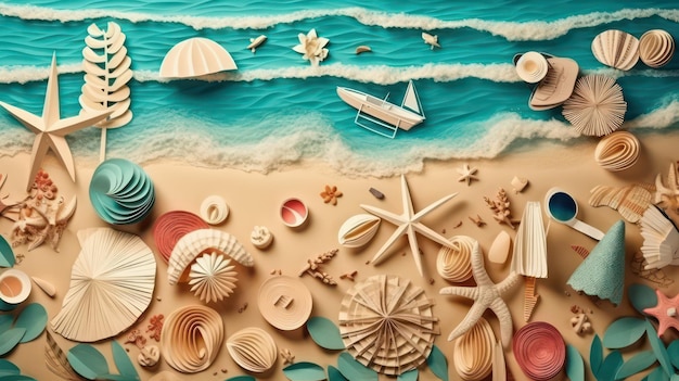 A collage of seashells and beach scene