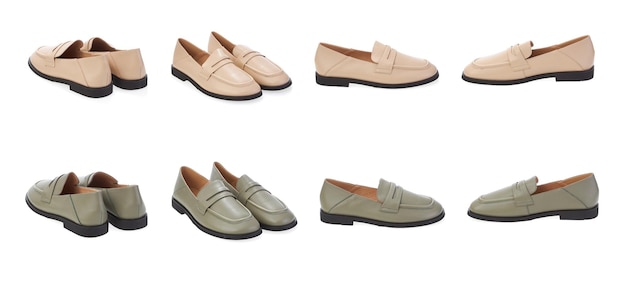 Collage set stijlvolle elegante designer modieuze zomer lente eco lederen dames loafers schoenen