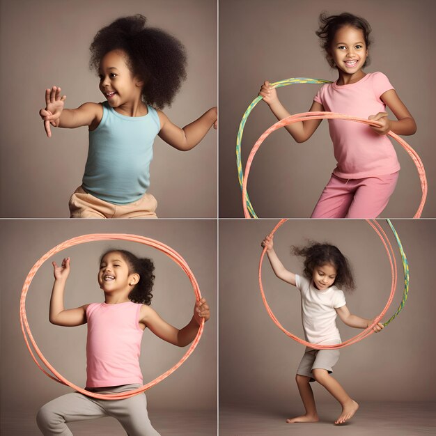 Photo collage of smiling african american little girl with hula hoop