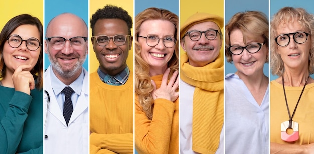 Photo collage of smiling portraits of mixed age group men and women in glasses