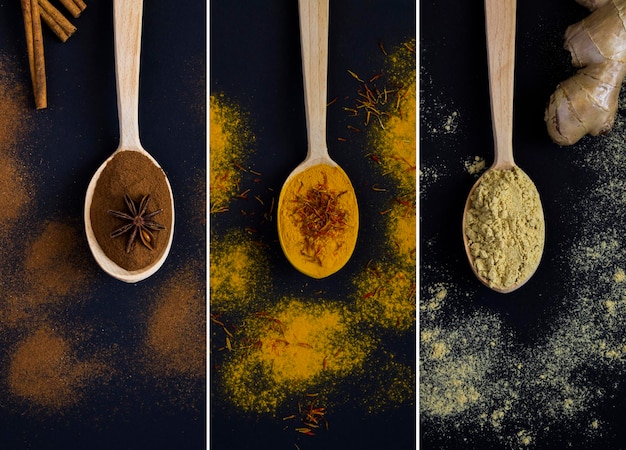 Collage of spices in wooden spoons on the black background. Close-up. Top view.
