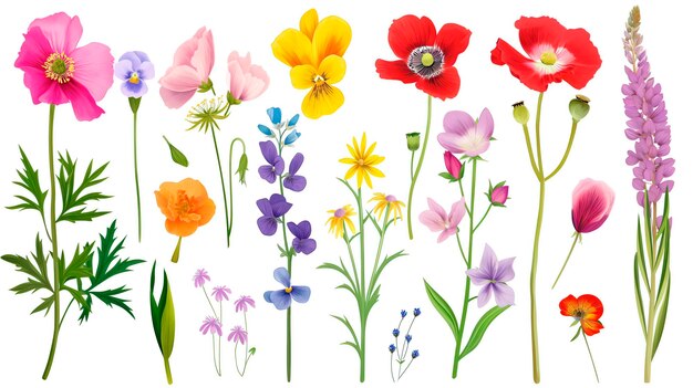 a collage of spring flowers illustration isolate on white