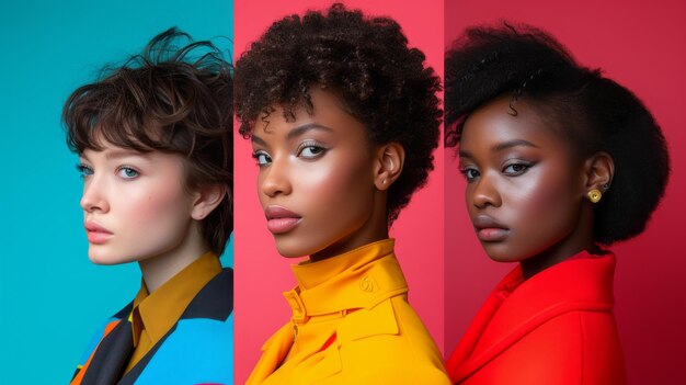 Photo collage of studio portraits of three multiethnic young women wearing bright clothes beautiful african and caucasian girls with perfect makeup and stylish short haircuts diversity in fashion