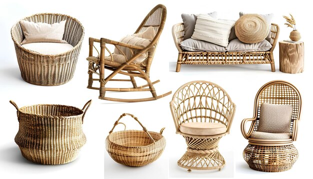 Photo collage of stylish rattan baskets and furniture on white background