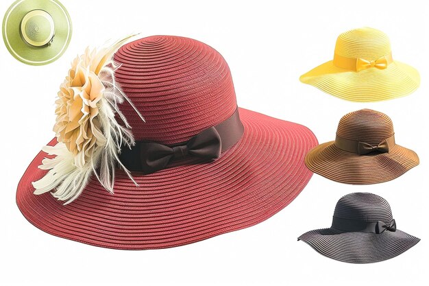 a collage of stylish womens church hats with feathers or flowers multicolored candy apple red and a yellow womens sun hat with no feathers