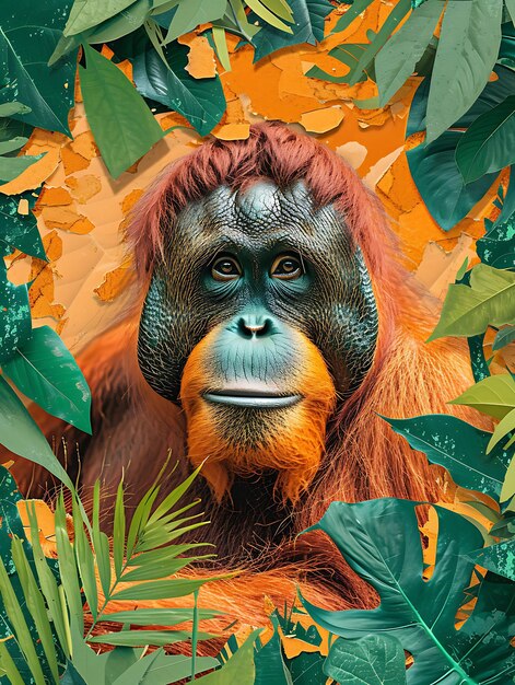 Collage of sumatran orangutan with rainforest themed torn paper collage poster flyer concept style