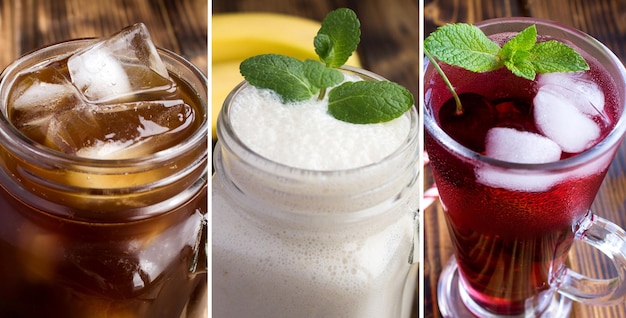 Collage of summer drink in the drinking glass on the wooden background Closeup