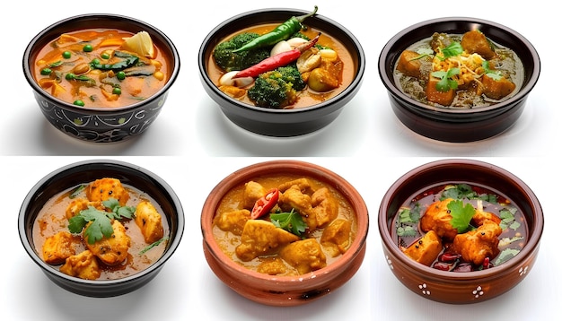 Collage of tasty chicken curry on white background