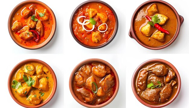 Collage of tasty chicken curry on white background