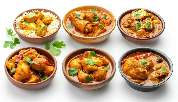 Collage of tasty chicken curry on white background