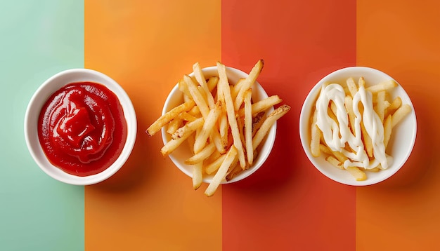 Collage of tasty french fries with ketchup and mayonnaise on color background top view