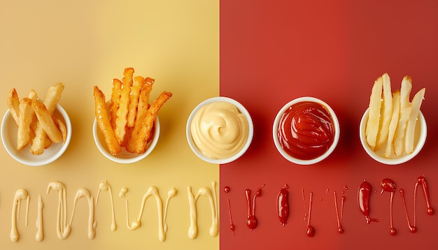 Collage of tasty french fries with ketchup and mayonnaise on color background top view