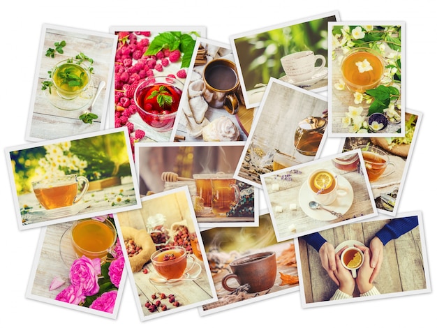 Collage of tea. selective focus. food and drink.