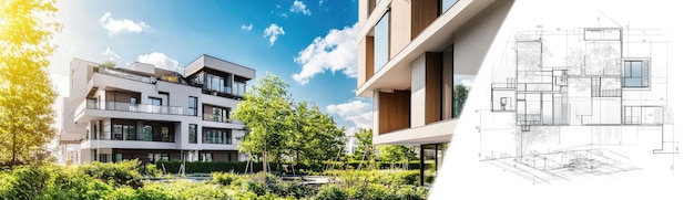 A collage of three drawings of a building with trees behind