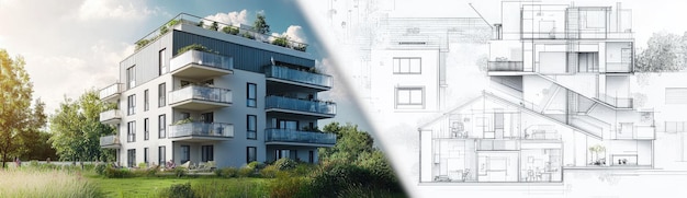 A collage of three drawings of a building with trees behind