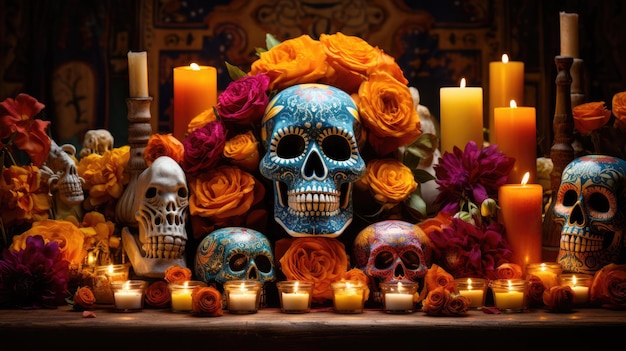 a collage of traditional Day of the Dead elements including marigolds candles and sugar skulls