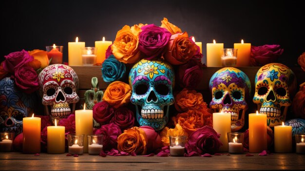 a collage of traditional Day of the Dead elements including marigolds candles and sugar skulls