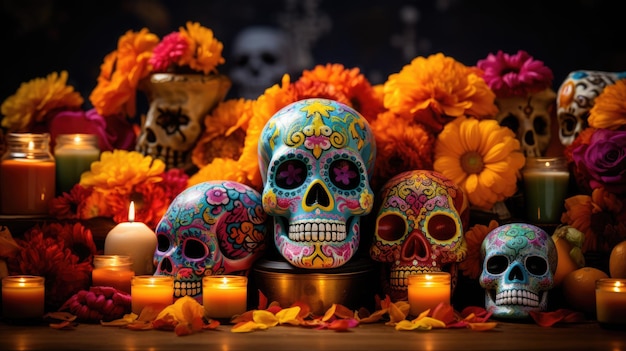коллаж из традиционных элементов Дня Мертвых, включая свечи из бархатцев и сахарные черепа