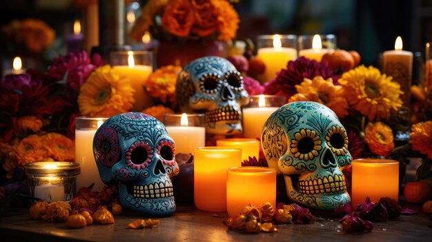 금잔화 양초와 설탕 두개골을 포함한 전통적인 죽음의 날 요소의 콜라주