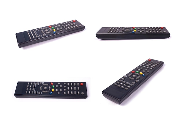 Collage of tv remote controllers on white background set of remotes different angles