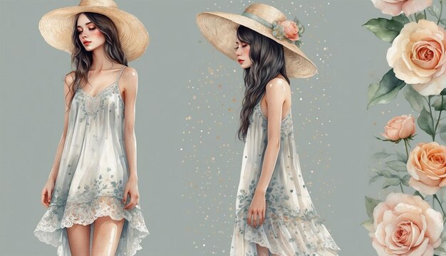 Collage of two beautiful young women in summer dresses and straw hats vintage cottagecore style