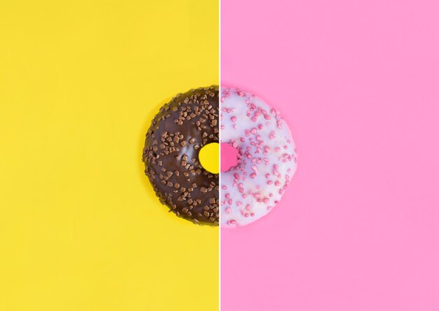 Collage van donut met chocolade en roze glazuur op de gekleurde achtergrond Bovenaanzicht Kopieer ruimte