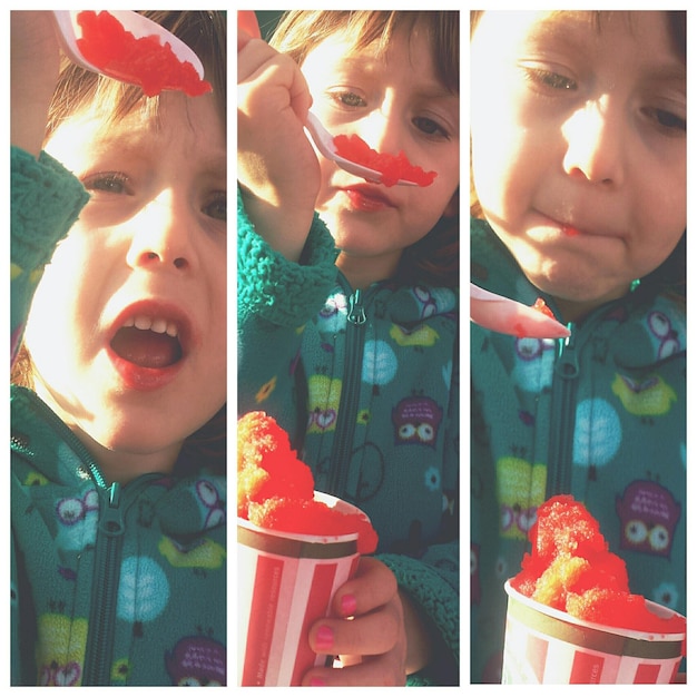Collage van een jongen die slush eet
