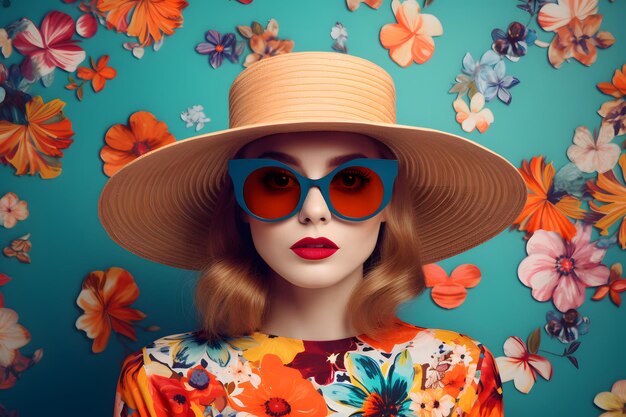Collage van een vrouw met een schattige hoed en zonnebril Reisconcept met kleurrijke vintage patronen en