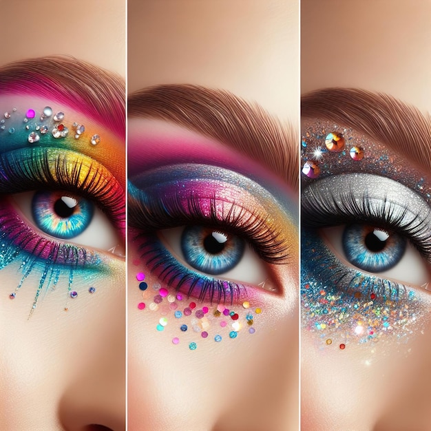 collage van foto's met vrouwelijk oog en prachtige kleurrijke make-up