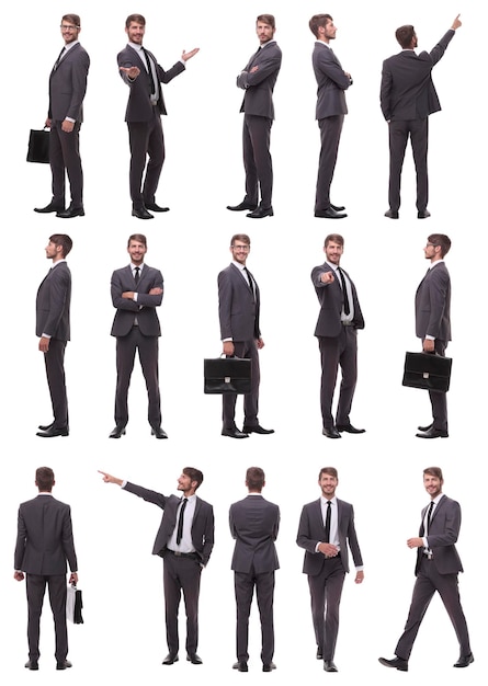 Collage van foto's van een succesvolle zakenman die op wit wordt geïsoleerd